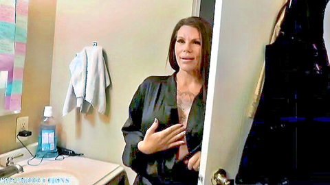 Brunette in open black silk robe teasing chest for stepfamily fantasy with Sergeant Miles