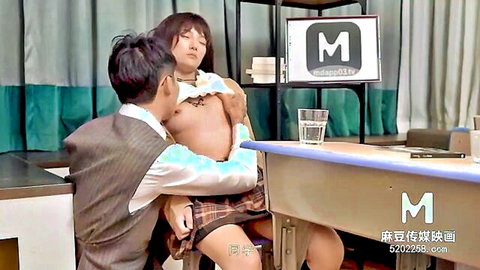 Lin Yi Meng in JAV schoolgirl counseling scene, embraced and topless