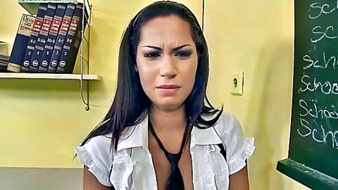 Beautiful Asian student in white blouse and black bra, caught cheating on exam part 2