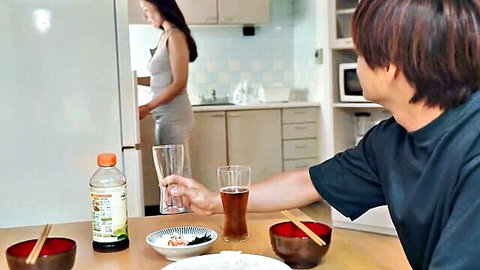 Mio Saionji as mother-in-law in grey dress teases in kitchen with son-in-law