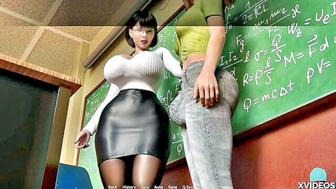 Busty glasses teacher with massive tits groped on ass by student in classroom
