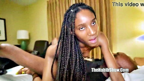 Ebony babe with braids rides black cock cowgirl in hotel exposing tits and pussy