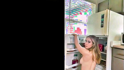 Grace Charis naked blonde reaching into fridge, topless kitchen tease