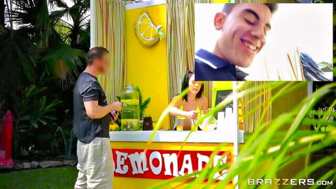 Brazzers Asian brunette MILF serves lemonade at tropical stand to smiling customer