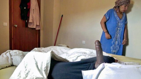 Turkish mature woman in blue dress eyes hung black cock on bed