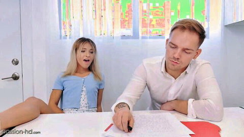Blonde college student with Joshua Lewis at exam table, naughty setup