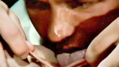 Retro close-up blowjob with intense male pleasure, short-haired woman, natural tits
