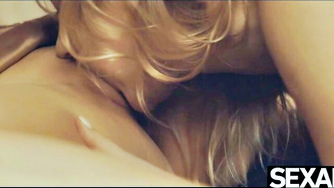 Two blonde babes in steamy lesbian embrace, licking to mutual orgasm