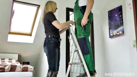 Blonde MILF in tight jeans assists tall handyman on ladder in bedroom amateur video