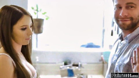 Petite brunette teen seduces older bearded man showing big tits cleavage in kitchen