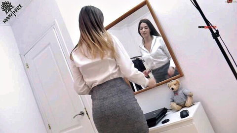 MaryHaze in tight gray skirt and white blouse, teasing ass in mirror