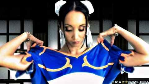 Katsuni teases in blue qipao, exposing cleavage with ox horn hairstyle