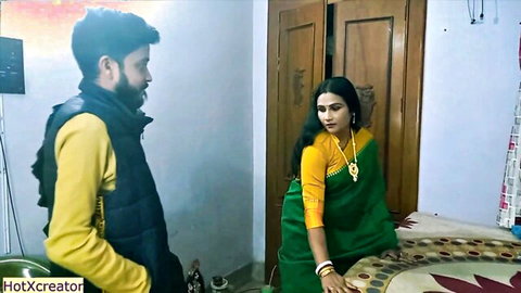 Desi MILF aunty in green saree with young Indian guy in casual wear