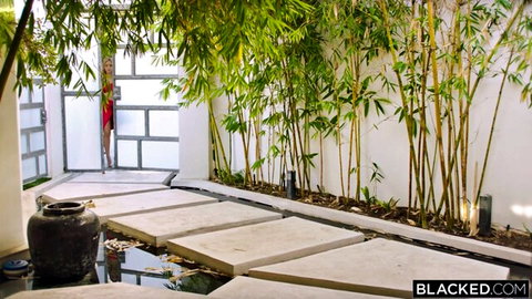 Serene bamboo garden path with stone steps and poolside water in luxury outdoor setting