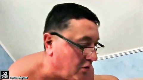 Shirtless older man with glasses in aroused close-up from young teens vs old men lingerie scene