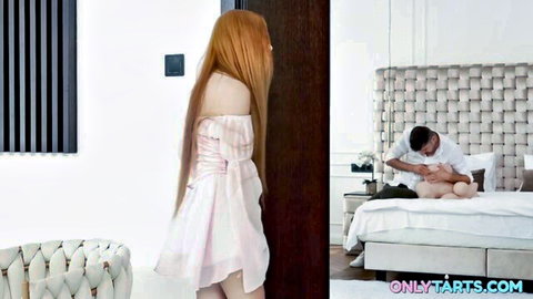 Skinny redhead teen in sheer pink lingerie watches black bull roughly fuck blonde pussy on bed