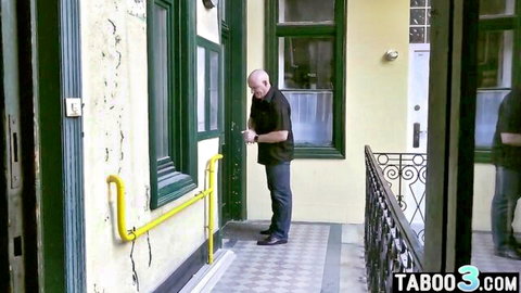 Sasha Haven teases bald landlord at door in old vs young brunette scene