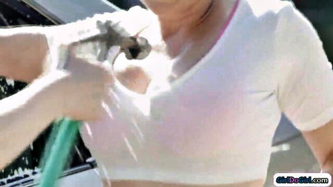 Christie Stevens in wet white t-shirt exposing big tits during car wash tease