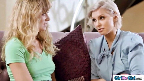 Busty blonde Kenzie Taylor chats intimately with stepdaughter on couch
