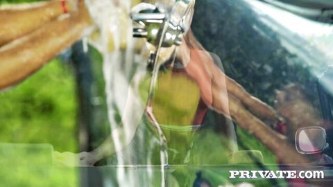 Apolonia Lapiedra wet in orange bikini through steamy car window