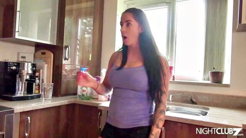 Curvy ebony Kimmie Foxx in tight purple tank top, surprised expression