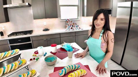 Petite Aria Valencia in open apron exposing small tits POV