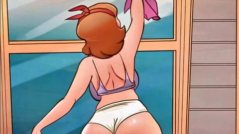 Animated stepmom Dona Maria teases big ass while cleaning window in bra and shorts