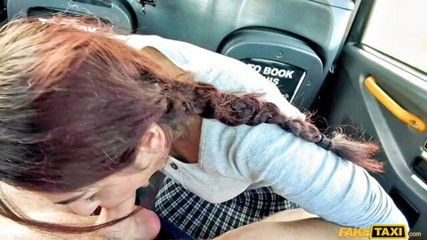 Sahara Knite sucking cock in Fake Taxi, natural tits out, plaid skirt hiked up