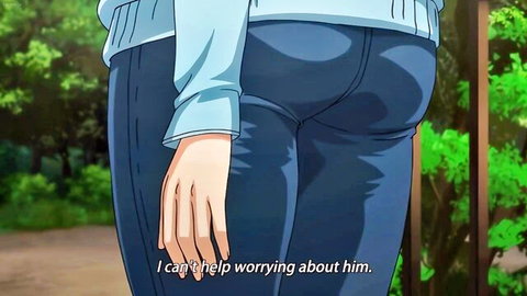 Anime girl in tight blue pants showing off her round ass from behind while worrying about him