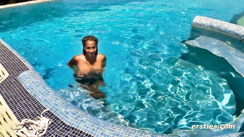 Naomi, sexy ebony babe topless in pool, solo tease