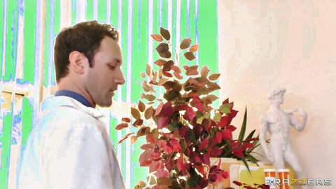 Doctor in lab coat preparing to lick Bella Reese's ass in hospital