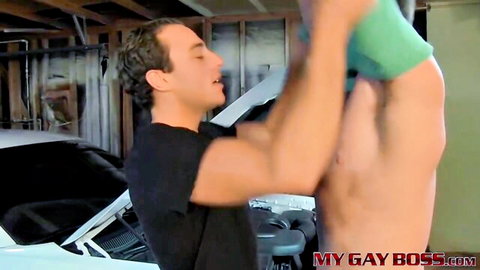 Muscular gay boss sniffs shirtless hunk's armpit in garage tease