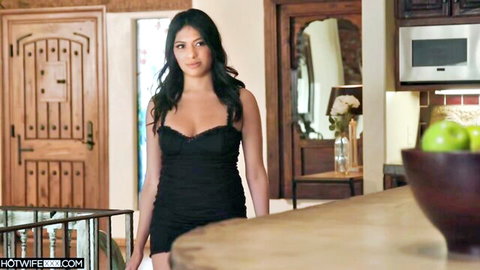 Curvy Latina brunette with big tits in tight black mini dress teasing seductively