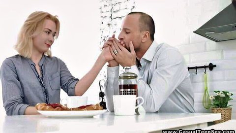 Blonde teen and guy share flirty kitchen breakfast before anal fun