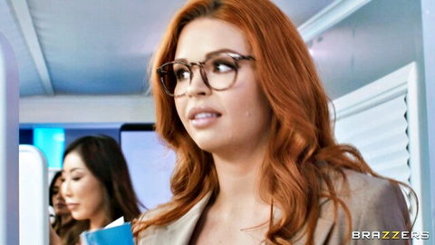 Tru Kait in glasses and blazer with Nicole Doshi in office, Brazzers group tease
