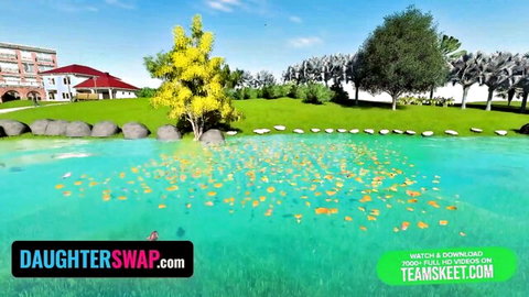 Serene outdoor pond scene with lush greenery and palm trees from Daughter Swap Team Skeet porn