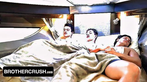 Three muscular tattooed brothers cuddling shirtless under sheets in luxurious bed teasing bisexual action