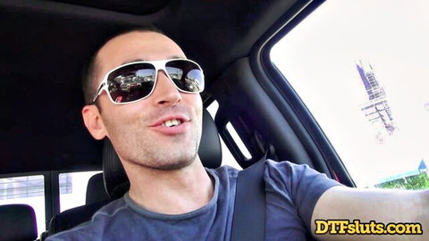 Bald man smirking in sunglasses while driving car selfie on DTF sluts