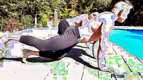 Muscular man in tight leggings does outdoor poolside pose, artistic filter