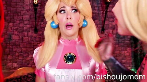 Blonde Princess Peach cosplayer surprised in threesome setup