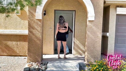 Coco Vandi in sexy black backless top and shorts at doorstep with Rion King