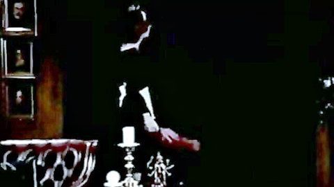 Vintage shadowy maid in black dress holding red rose in candlelit lesbian scene