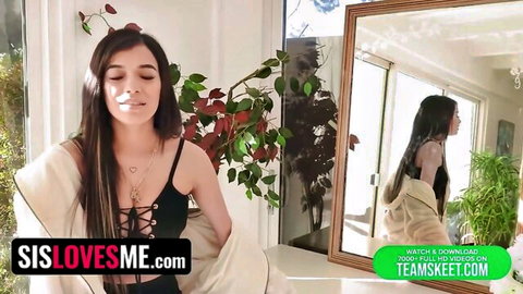 Seductive stepsis in lace tank top teases with juicy tits for stepbro