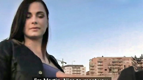 Hot brunette in leather jacket outdoors, ready for blowjob and doggystyle action