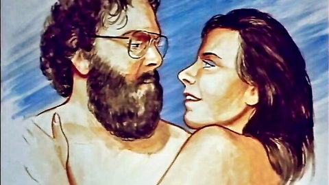 Bearded man embraces bare-shouldered woman in intimate CFNM tease