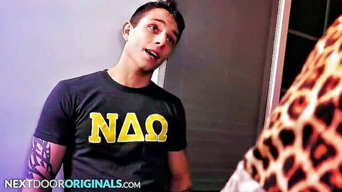 Hot fratboy doorman in black tee surprises cute pledge at wild party