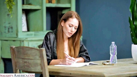 Hot MILF in open black robe teasing massive cleavage while writing