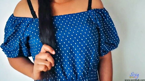 Sexybrownis in sexy blue polka-dot off-shoulder top, long black hair