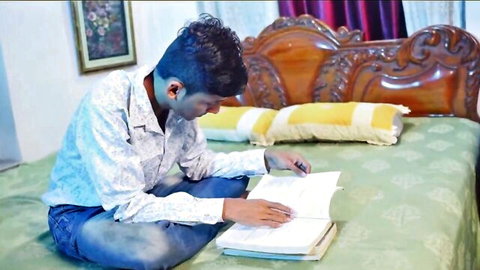 Young Indian student reading book on bed in teacher seduction fantasy
