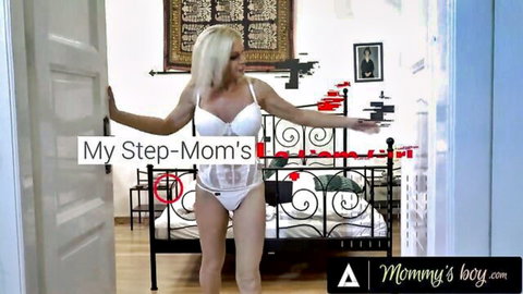Blonde MILF stepmom in white lingerie posing seductively